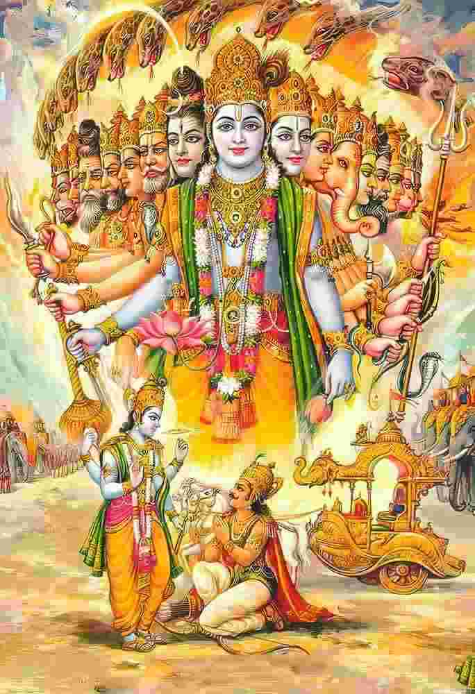 lord vishnu in visvroop pose with krishna and arjun